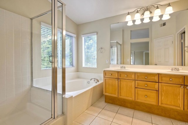 full bath with a sink, a stall shower, a garden tub, and visible vents