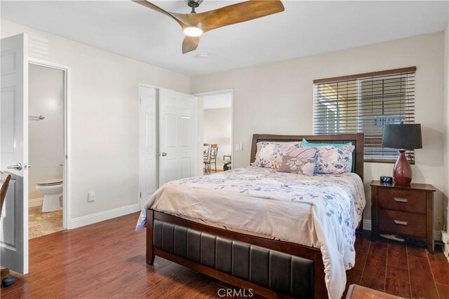 680 Grand Ave Unit 105, Long Beach, CA 90814 - bedroom featuring baseboards, ensuite bathroom, a ceiling fan, and wood finished floors