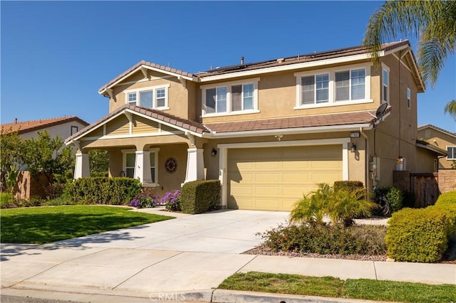 view of front of property featuring covered porch, stucco siding, roof mounted solar panels, concrete driveway, and an attached garage