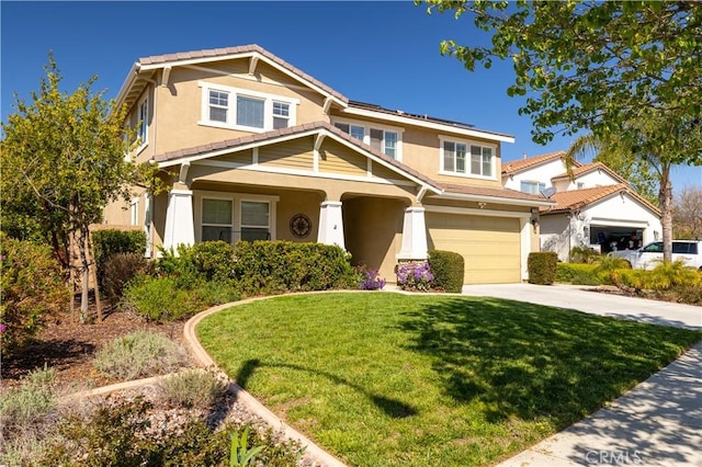 view of front facade featuring an attached garage, a front lawn, stucco siding, roof mounted solar panels, and driveway