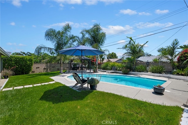 view of pool featuring a fenced in pool, a fenced backyard, a patio area, and a yard