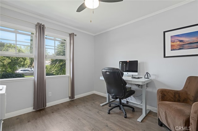 office space featuring baseboards, crown molding, and wood finished floors