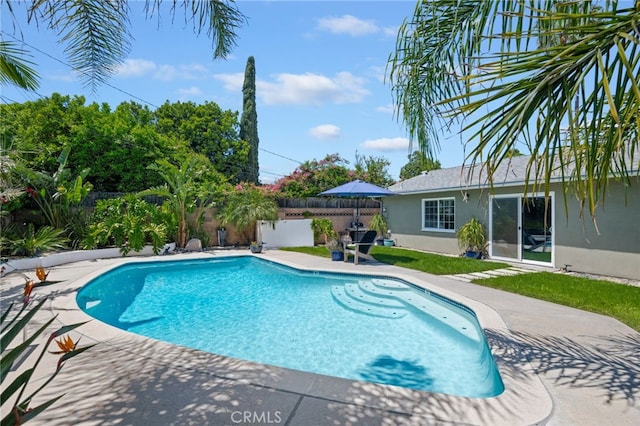 view of swimming pool featuring a fenced in pool, a fenced backyard, and a patio area