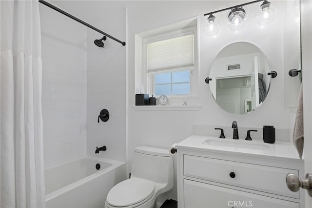 bathroom featuring visible vents, shower / bath combination with curtain, toilet, and vanity