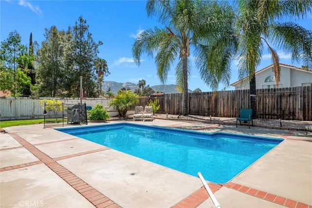 view of swimming pool featuring a fenced in pool, a patio, and a fenced backyard