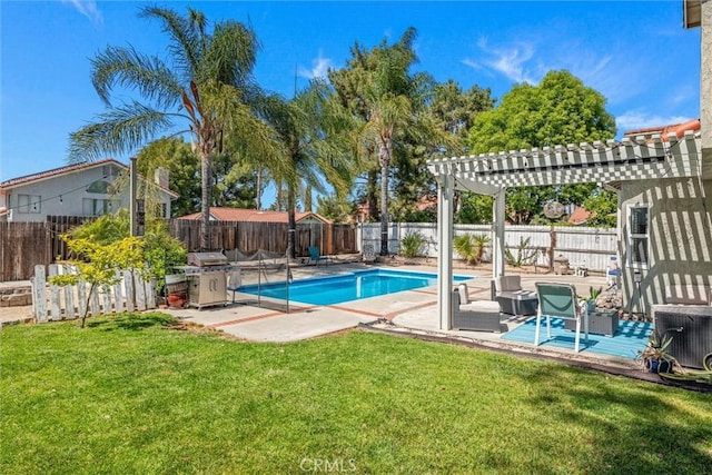 view of pool with a fenced in pool, a pergola, a yard, and grilling area