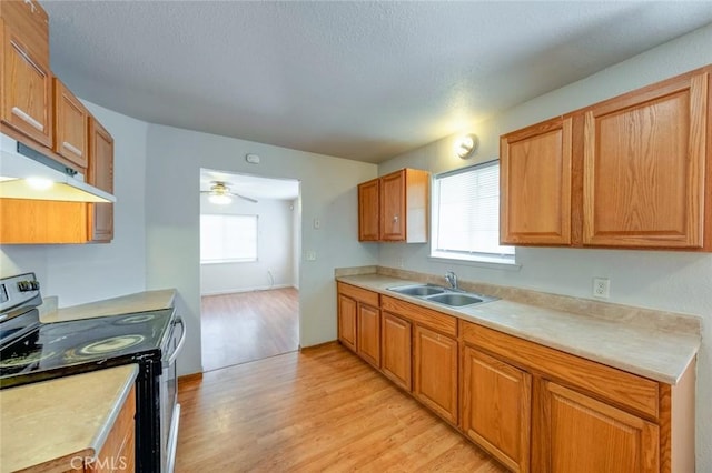 kitchen with electric range, light wood-style floors, light countertops, under cabinet range hood, and a sink