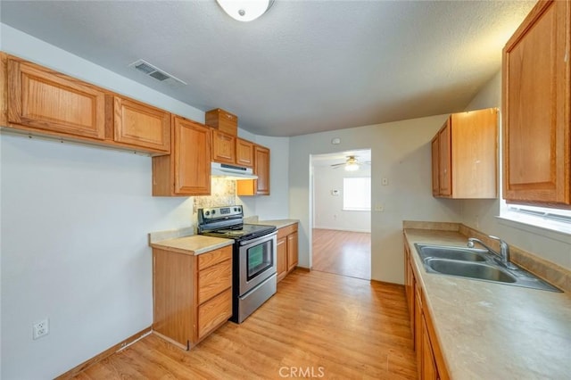 kitchen featuring visible vents, stainless steel range with electric stovetop, a sink, under cabinet range hood, and light wood-style flooring