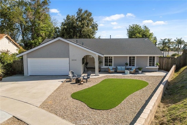 18128 Cari Ln, Yorba Linda, CA 92886 - single story home featuring an outdoor living space, driveway, fence, an attached garage, and stucco siding
