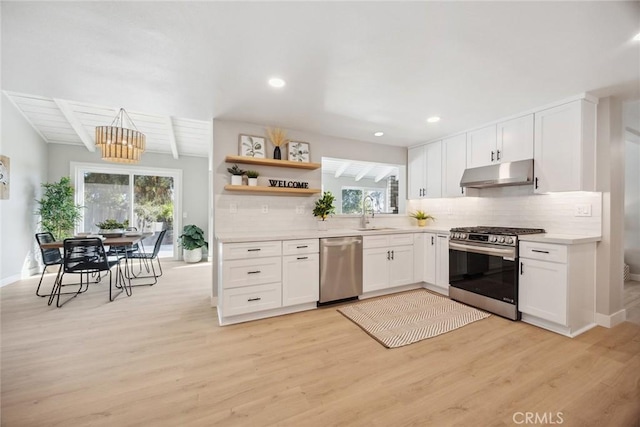 18128 Cari Ln, Yorba Linda, CA 92886 - kitchen featuring backsplash, light countertops, under cabinet range hood, stainless steel appliances, and white cabinetry