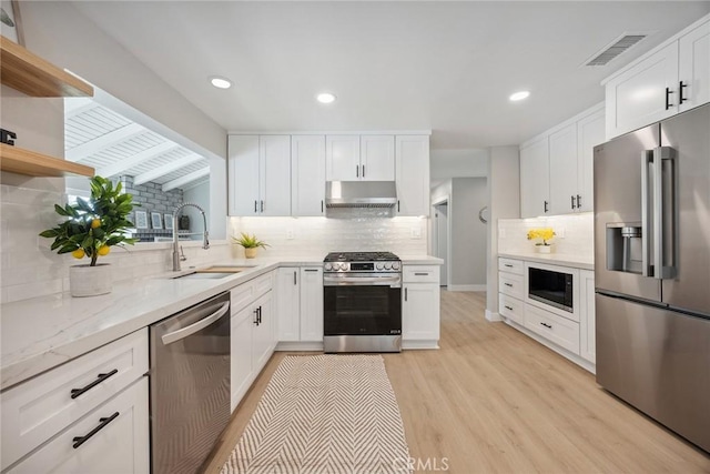18128 Cari Ln, Yorba Linda, CA 92886 - kitchen with open shelves, appliances with stainless steel finishes, a sink, tasteful backsplash, and under cabinet range hood