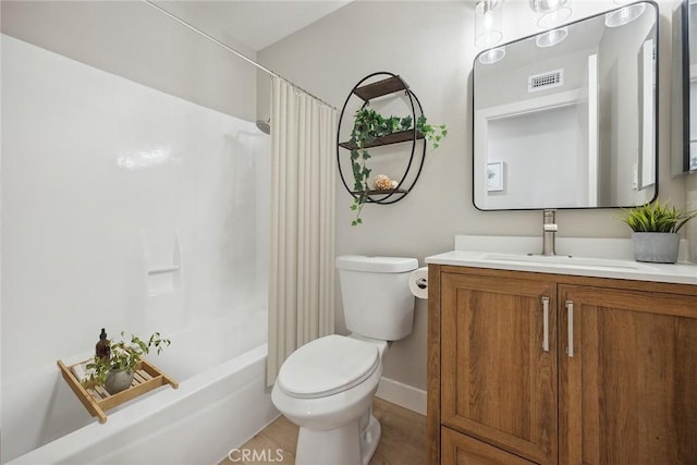 18128 Cari Ln, Yorba Linda, CA 92886 - full bath with visible vents, wood finished floors, shower / tub combo, vanity, and toilet