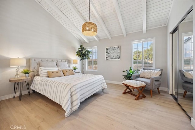 18128 Cari Ln, Yorba Linda, CA 92886 - bedroom featuring baseboards, light wood-style flooring, wood ceiling, and multiple windows