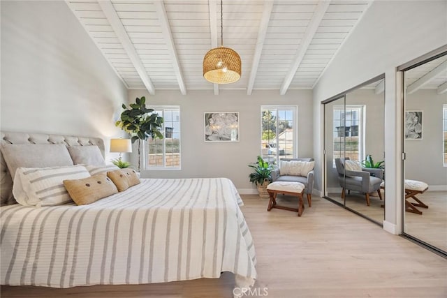 18128 Cari Ln, Yorba Linda, CA 92886 - bedroom featuring light wood-style floors, lofted ceiling with beams, baseboards, and wood ceiling