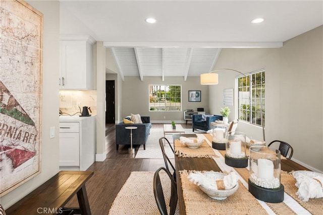 dining area featuring recessed lighting, lofted ceiling with beams, and dark wood-style floors
