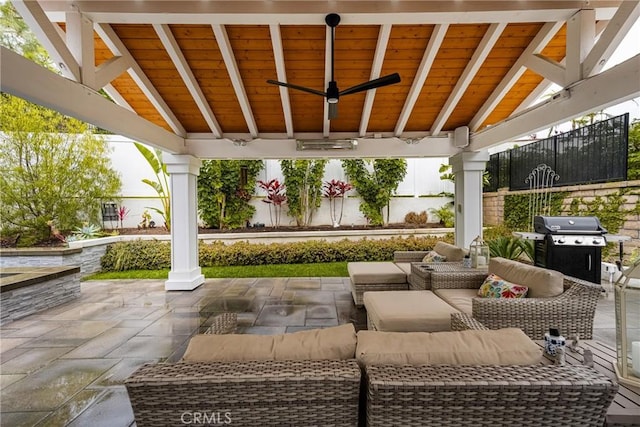 view of patio / terrace featuring an outdoor hangout area, fence, ceiling fan, and grilling area