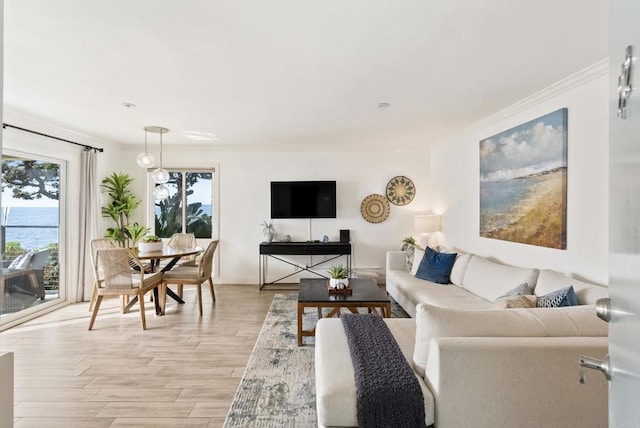 living room with crown molding, light wood-style flooring, and baseboards