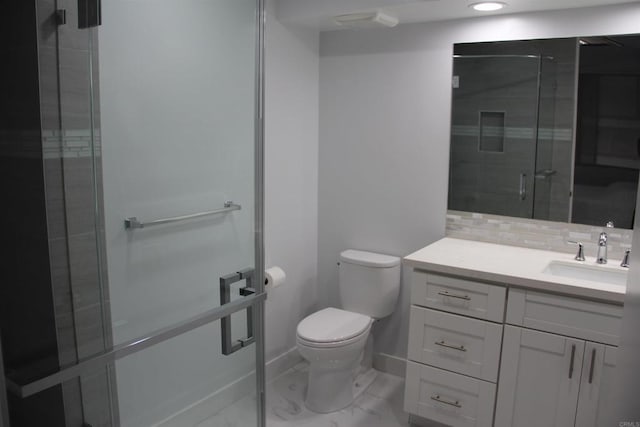 922 Sealane Dr Unit B, Encinitas, CA 92024 - bathroom with a stall shower, toilet, vanity, marble finish flooring, and decorative backsplash