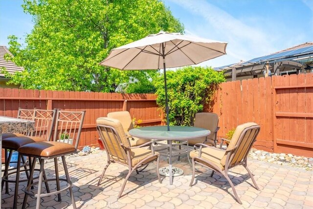 view of patio / terrace featuring a fenced backyard and outdoor dining space