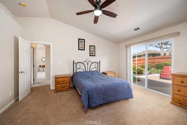 carpeted bedroom with access to outside, a ceiling fan, vaulted ceiling, and visible vents