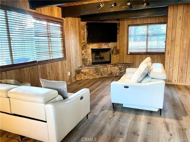 living area with wooden walls, a stone fireplace, and wood finished floors