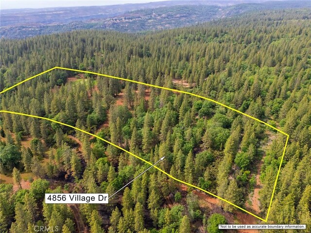 aerial view featuring a view of trees and a mountain view