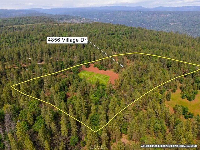 drone / aerial view with a mountain view and a forest view