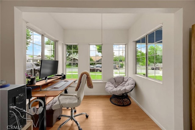 office space with a healthy amount of sunlight, baseboards, and wood finished floors