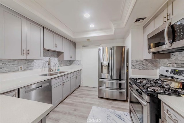 kitchen with light wood-style flooring, a sink, a tray ceiling, crown molding, and appliances with stainless steel finishes