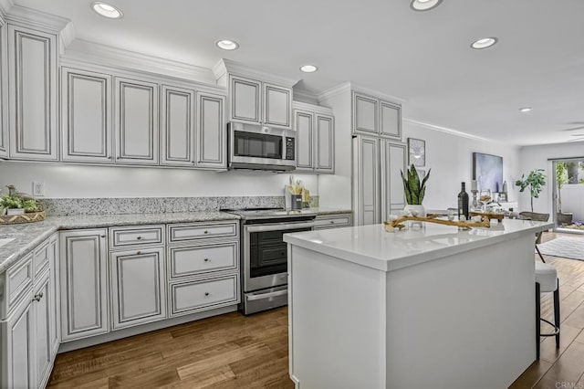 kitchen featuring recessed lighting, appliances with stainless steel finishes, and dark wood-style flooring