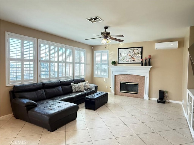 12271 Oldenberg Ct, Rancho Cucamonga, CA 91739 - living area with a wall mounted air conditioner, ceiling fan, and light tile patterned flooring