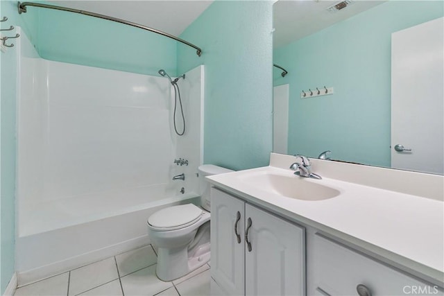 full bathroom featuring vanity, toilet, tile patterned floors, shower / washtub combination, and visible vents
