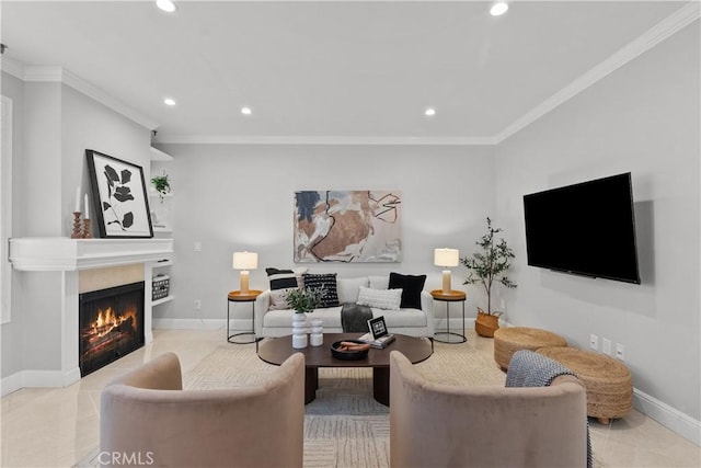tiled living room featuring crown molding, baseboards, recessed lighting, and a warm lit fireplace