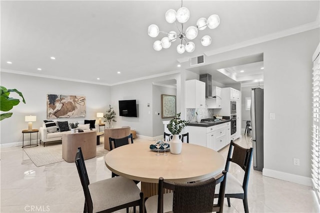 dining space with baseboards, marble finish floor, recessed lighting, and visible vents