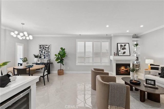 living room with ornamental molding, beverage cooler, baseboards, a warm lit fireplace, and recessed lighting