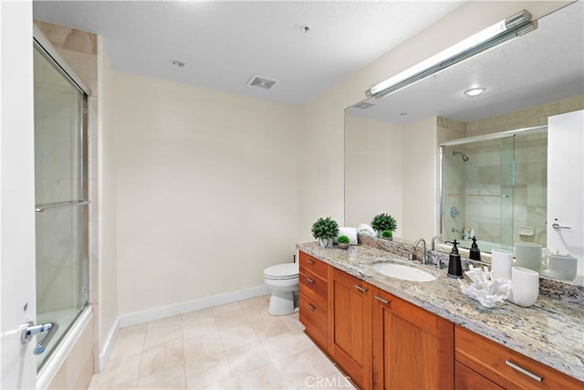 full bath with toilet, baseboards, and vanity