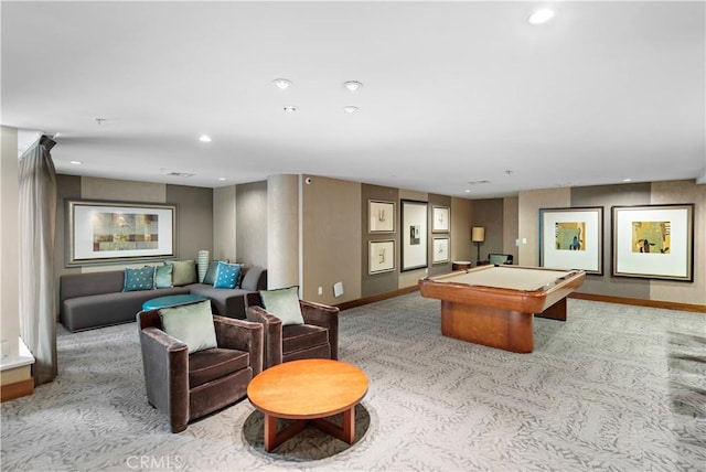 recreation room with baseboards, carpet flooring, recessed lighting, and billiards