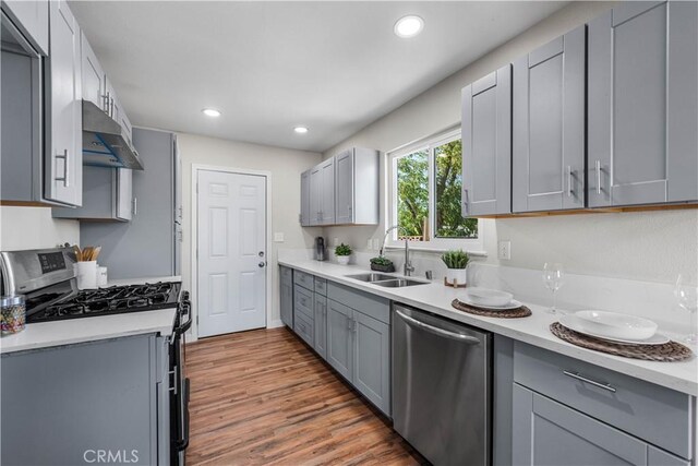 kitchen with wood finished floors, under cabinet range hood, a sink, gray cabinetry, and stainless steel appliances