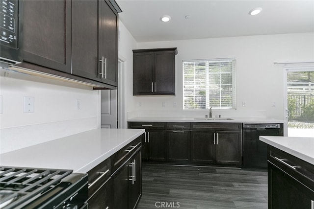 27488 Ginger Ct, Saugus, CA 91350 - kitchen featuring recessed lighting, a sink, black appliances, light countertops, and dark wood-style floors