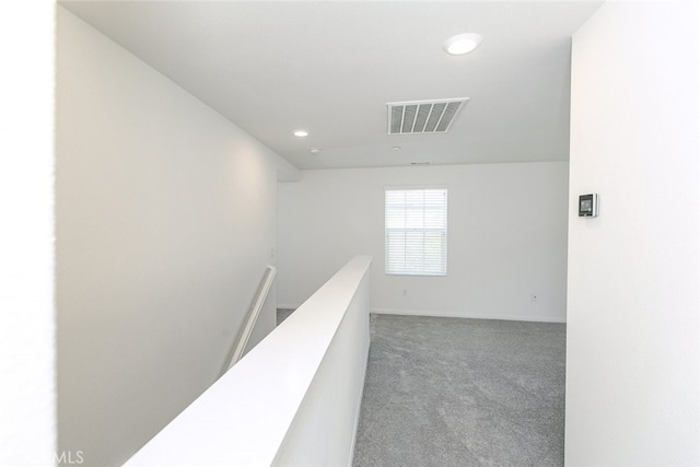27488 Ginger Ct, Saugus, CA 91350 - hallway featuring an upstairs landing, carpet floors, visible vents, and recessed lighting