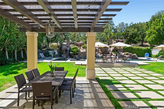 view of patio with outdoor dining area, an outdoor pool, and a pergola