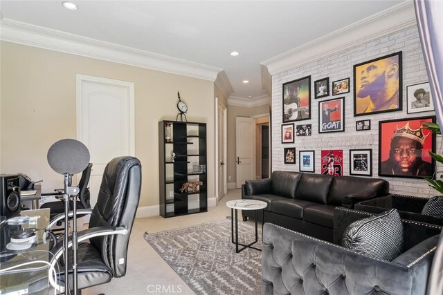 office space featuring baseboards, ornamental molding, carpet, and recessed lighting