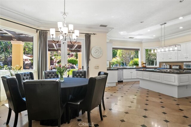 dining space with crown molding, recessed lighting, a notable chandelier, and visible vents