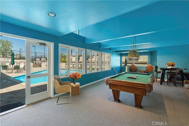 game room featuring carpet flooring, pool table, and baseboards