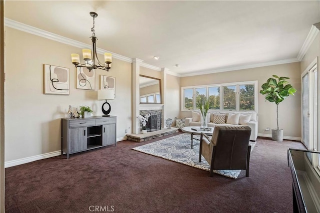 living area featuring ornamental molding, a notable chandelier, dark carpet, and a wealth of natural light