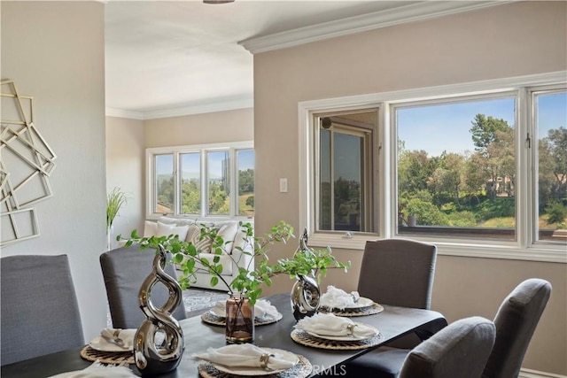 dining space featuring crown molding