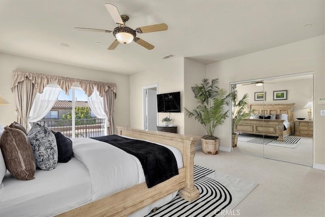 519 S Lucia Ave, Redondo Beach, CA 90277 - bedroom featuring visible vents, access to exterior, baseboards, ceiling fan, and carpet flooring