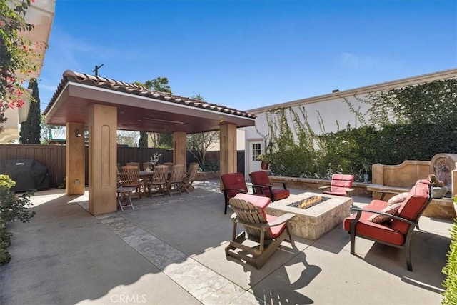 519 S Lucia Ave, Redondo Beach, CA 90277 - view of patio with a fire pit, grilling area, a fenced backyard, a gazebo, and outdoor dining space
