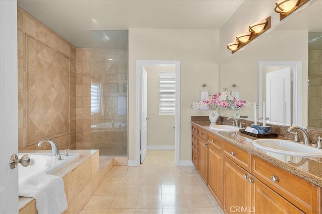 519 S Lucia Ave, Redondo Beach, CA 90277 - bathroom with tile patterned flooring, double vanity, a bath, a sink, and a tile shower
