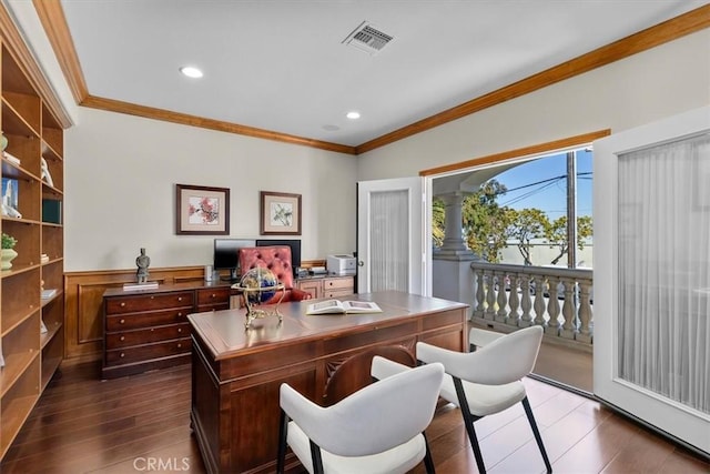 519 S Lucia Ave, Redondo Beach, CA 90277 - office space featuring crown molding, recessed lighting, dark wood-type flooring, and visible vents